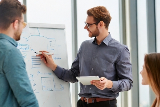 group of people and one of them is sketching on a white board